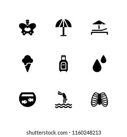 9 ocean icons in vector set. beach, summer, skeleton and aquarium illustration for web and graphic design