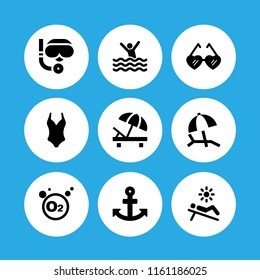 9 ocean icons in vector set. summer, sunbed, anchor and scuba diving illustration for web and graphic design
