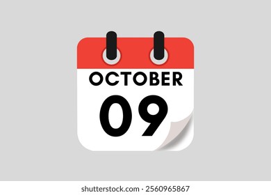 9 October calendar icon text page monthly web design on red, white, black and ash background vector, icon, or illustration with the month of October 9