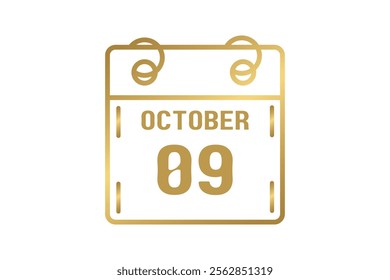 9 October calendar icon text page monthly web design on golden and white background vector, icon, or illustration with the month of October 9