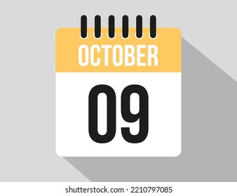 9 October calendar vector icon. Yellow october date for the days of the month and week