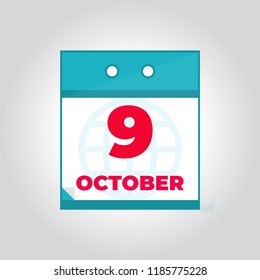9 october daily calendar icon with month and date. Flat vector 