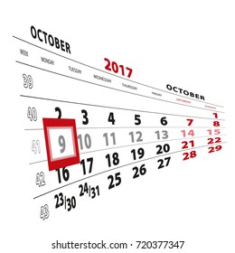 9 October highlighted on calendar 2017. Week starts from Monday. Vector Illustration.