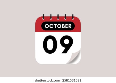 9 October month single day vector, illustration, calendar with rose red, black and off-white color background calendar October 9