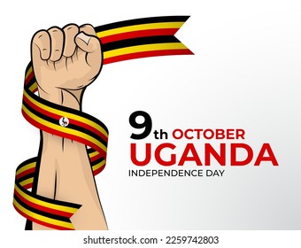 9 October. Vector illustration of Happy Independence Day greeting card for the country of Uganda with clenched fists and a flag ribbon. Use for banners on a white background.