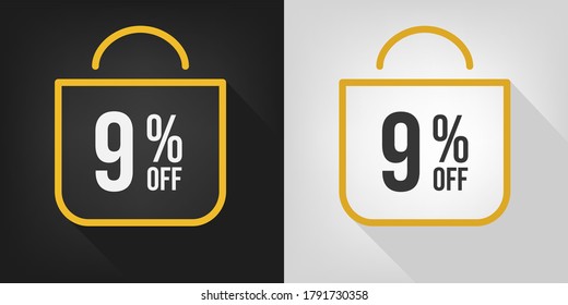 9% off. Black, white and yellow banner with nine percent discount. Shopping bag concept vector.