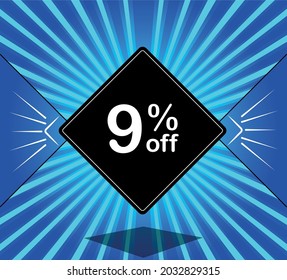 9% off. Blue banner - black balloon for big sales.