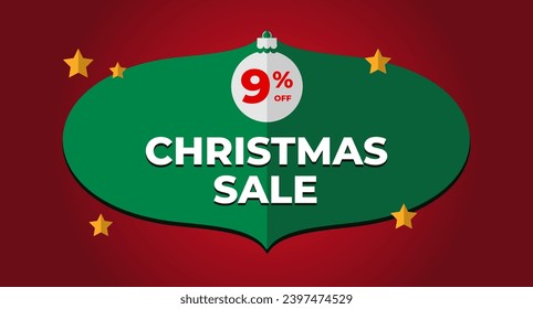 9% off Christmas sale banner. Festive decoration on red background with stars and christmas ball. Holiday sign banner. Vector Illustration.