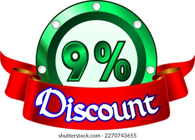 9% off, green disk and red ribbon, vector illustration for wholesale and retail, illustrative art, beautiful illustration, vector. God is good!