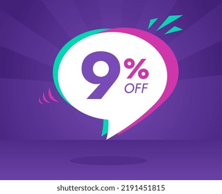 9% off limited special offer. Banner with nine percent off white circular balloon with purple background