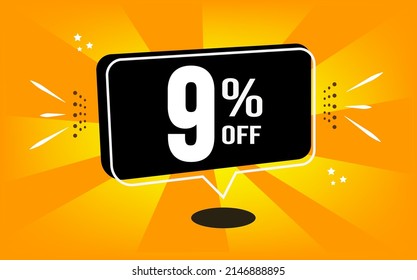 9% off. Orange banner with black balloon and special buy and sell offer