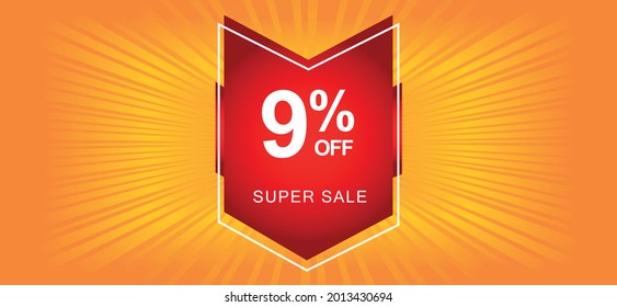 9% de descuento. Banner naranja con 9 por ciento de descuento en un globo rojo para mega ofertas.