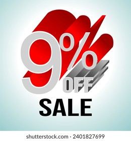 9% OFF Promotional Discount Lettering in Gray Colors and Shadow with Red Extrusion Effect with Two Colors on Background