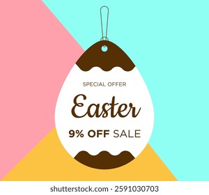 9% off Sale Happy Easter promotion and special offer discount inside the Easter egg. Nine percent off price tag label. Template for Easter. Vector Illustration.