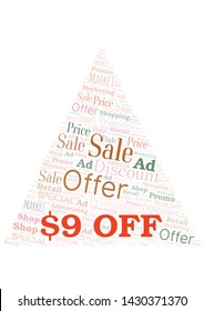 $9 Off word cloud. Wordcloud made with text only.