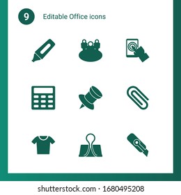 9 office filled icons set isolated on . Icons set with Marker, team, testing, Calculator, Pin, Paperclip, t-shirt, Binder clip, Cutter knife icons.