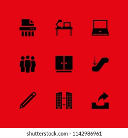 9 office icon set with building, laptop and outbox vector illustration for graphic design and web