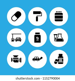 9 oil icons in vector set. capsule, motor, test tube and flask for chemistry class and petrol illustration for web and graphic design