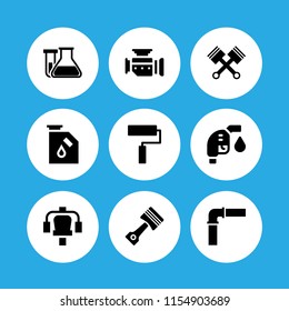 9 oil icons in vector set. paint, pipe, piston and test tube and flask for chemistry class illustration for web and graphic design