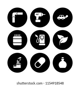 9 oil icons in vector set. fuel, herbal spa treatment leaves, drill and capsule illustration for web and graphic design