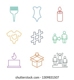 9 one icons. Trendy one icons white background. Included line icons such as ranking, box, candle, son and father, musical sharp, baby onesie, swimsuit. one icon for web and mobile.