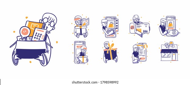 9 Online Shopping, Ecommerce Icon Illustration in Hand Drawn Design Style. Purchase, buy, gift, prize, rate, review, card, credit, ticket, pay, payment, sale, free,delivery, apps, online, store, shop