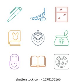 9 open icons. Trendy open icons white background. Included line icons such as at mail, book, heart lock, make up bag, ring in box, window, peas. open icon for web and mobile.