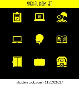 9 open icons in vector set. mouth, elevator, list and laptop illustration for web and graphic design