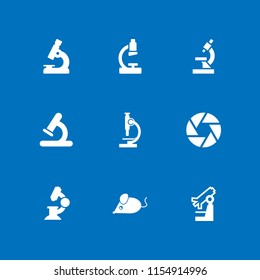 9 optical icons in vector set. mouse, camera shutter, microscope side view and microscope illustration for web and graphic design