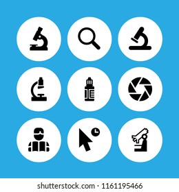9 optical icons in vector set. camera shutter, magnifying glass, mouse and microscope illustration for web and graphic design