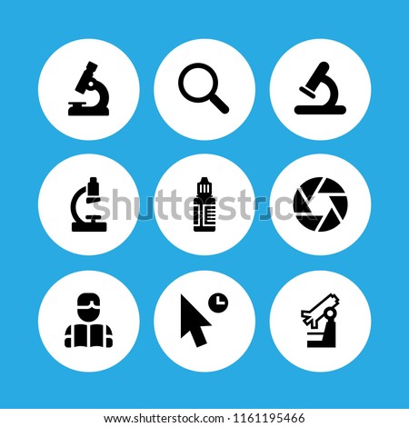 9 optical icons in vector set. camera shutter, magnifying glass, mouse and microscope illustration for web and graphic design