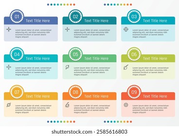 9 options business infographic template, theme of rounded corner rectangle frame with number on gear shape on circle button, also with symbols