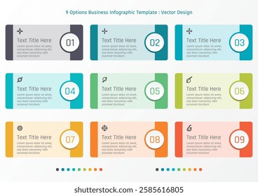 9 options business infographic template, theme of rounded corner rectangle with number on circle button frame, also with symbols