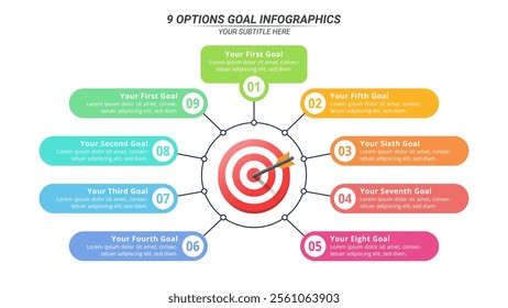 9 Options Goal Infographic on a 16:9 Layout for Business Presentation, Poster, Banner and Booklet.