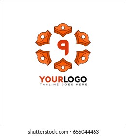 9 orange circle flower letter logo design. Elegant vector illustration. Luxury brand identity.