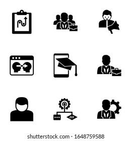 9 organization filled icons set isolated on white background. Icons set with tactics, business people, social media specialist, Information Architecture, SiteMap, professional icons.