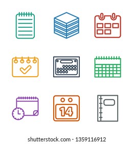 9 organizer icons. Trendy organizer icons white background. Included outline icons such as notebook, date calendar, calendar with clock, calendar. organizer icon for web and mobile.