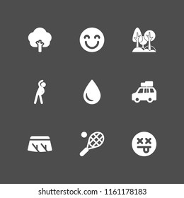 9 outdoor icons in vector set. wiper, exercise, tree and happy illustration for web and graphic design