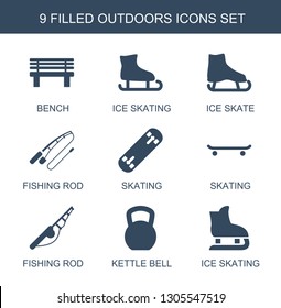 9 outdoors icons. Trendy outdoors icons white background. Included filled icons such as bench, ice skating, ice skate, fishing rod, skating. outdoors icon for web and mobile.