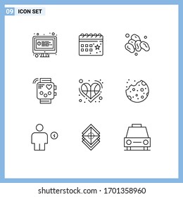 9 Outline concept for Websites Mobile and Apps ball; heartbeat; party; fitness; activity Editable Vector Design Elements