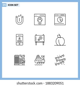 9 Outline concept for Websites Mobile and Apps board; password; commerce; lock; statistics Editable Vector Design Elements
