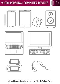 9 Outline sign and symbols. Thin line modern devices icon. Phone, laptop, computer, headphones, mouse, stylus, speaker, printer, display icon. Web technology devices. 