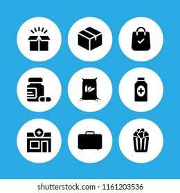 9 pack icons in vector set. popcorn, shopping bag, sack and pharmacy illustration for web and graphic design