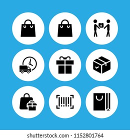 9 package icons in vector set. bag, shopping bag, delivery worker giving a box to a receiver and barcode illustration for web and graphic design