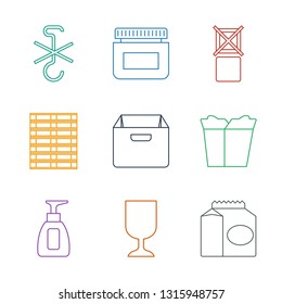 9 packaging icons. Trendy packaging icons white background. Included line icons such as take away food, fragile cargo, bottle soap, box, cargo box. packaging icon for web and mobile.