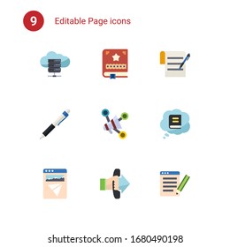 9 page flat icons set isolated on . Icons set with e-Book, Scrapbooking, terms & conditions, Pen, Social media marketing, Knowledge, Landing page, Call To Action, SEO copywriting icons.