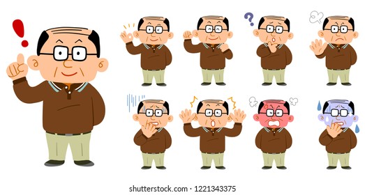 
9 pairs of middle-aged men wearing eyeglasses wearing eyeglasses Set of facial expression with whole body