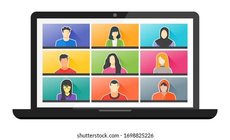 9 Panels Young Man & Woman Online Virtual Remote Meetings, Video Web Conference Teleconference. Millennial Teenager College University School Student Team Stay Study Learn From Home WFH Live Stream