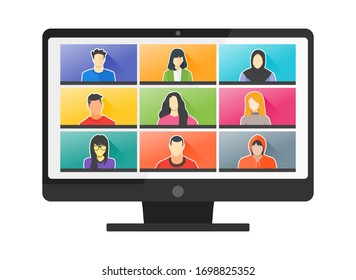 9 Panels Young Man & Woman Online Virtual Remote Meetings, PC Video Web Conference Teleconference. Millennial Teenager College University School Student Team Stay Study Learn From Home WFH Live Stream