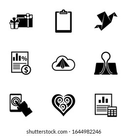 9 paper filled icons set isolated on white background. Icons set with gifts, Clipboard, Origami, Taxes, Binder clip, testing, Quilling, Balance Sheet icons.